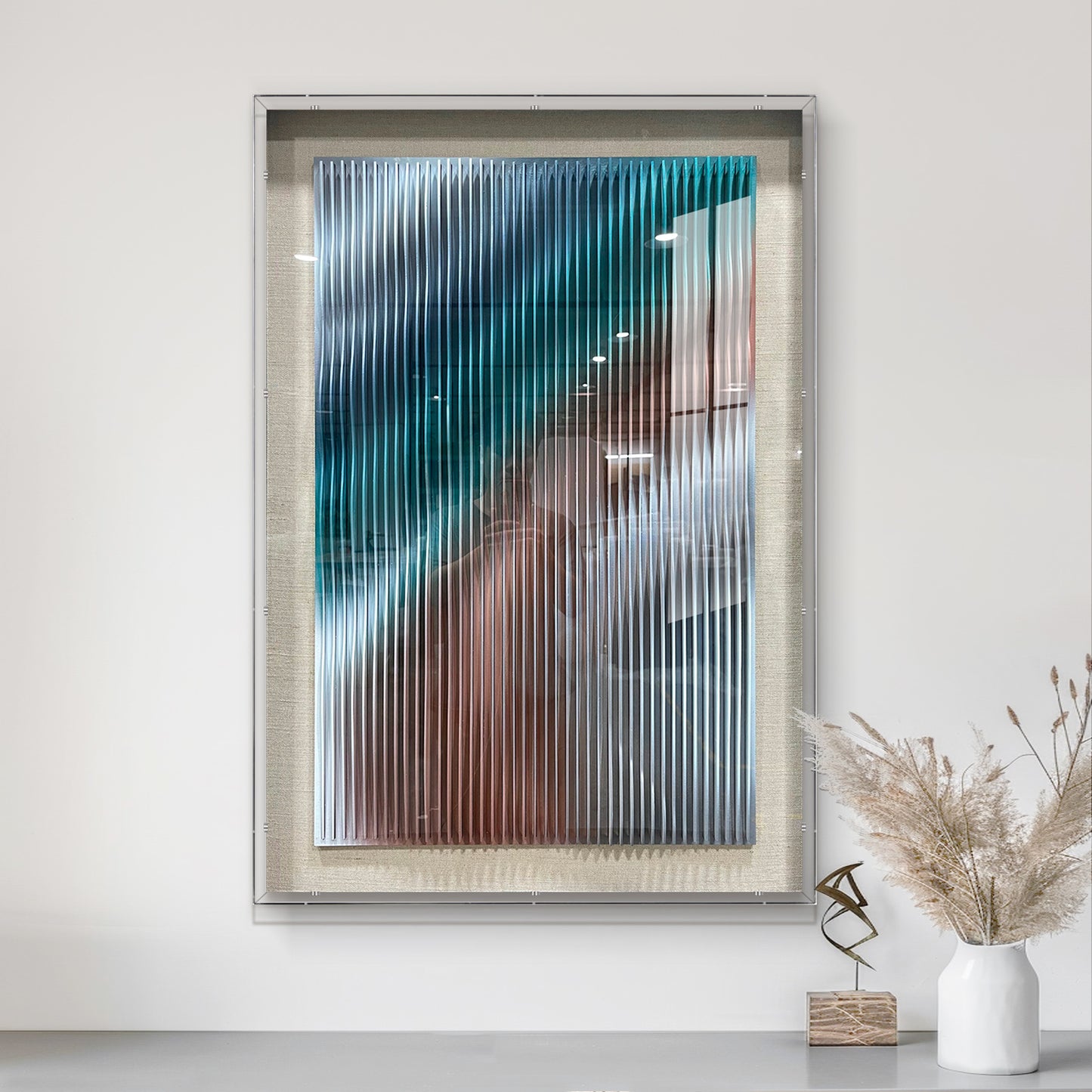 Contemporary Art Gallery Decor, 3D Vertical Wave Wood Sculpture with Color Gradient