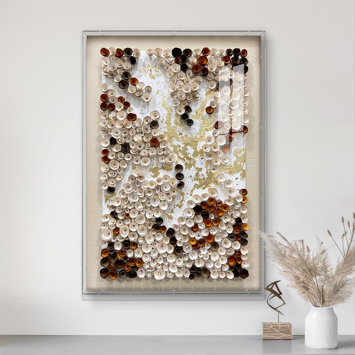 Decorative elements of contemporary art gallery, handcrafted wooden flowers and gold foil textured wall panels