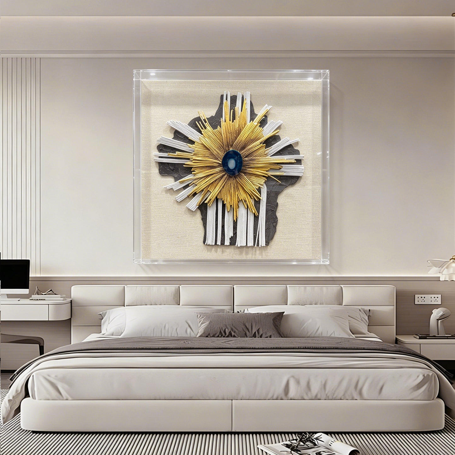 Abstract Mixed Media Framed Wall Art - 3D Geometric Relief