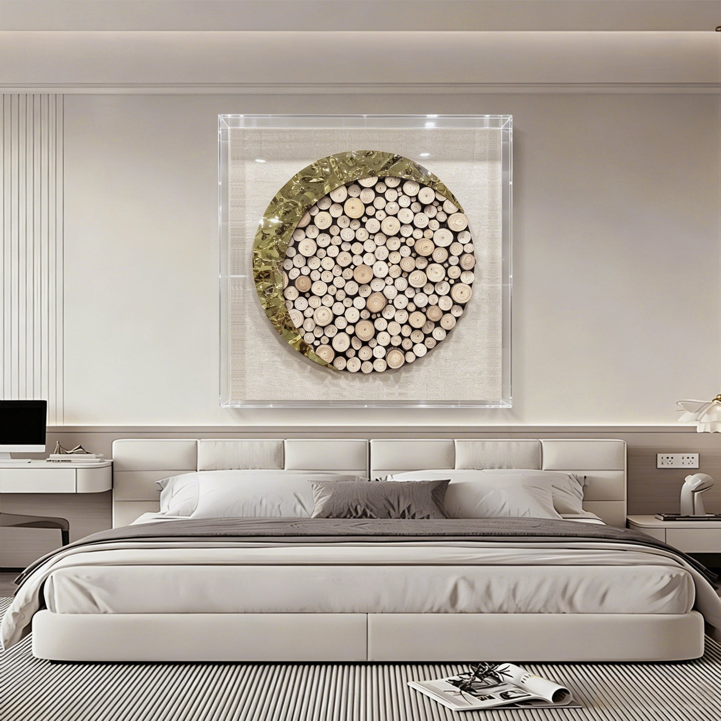 Luxury Framed Log Cross-Section Wall Art - Metallic 3D Sculpture