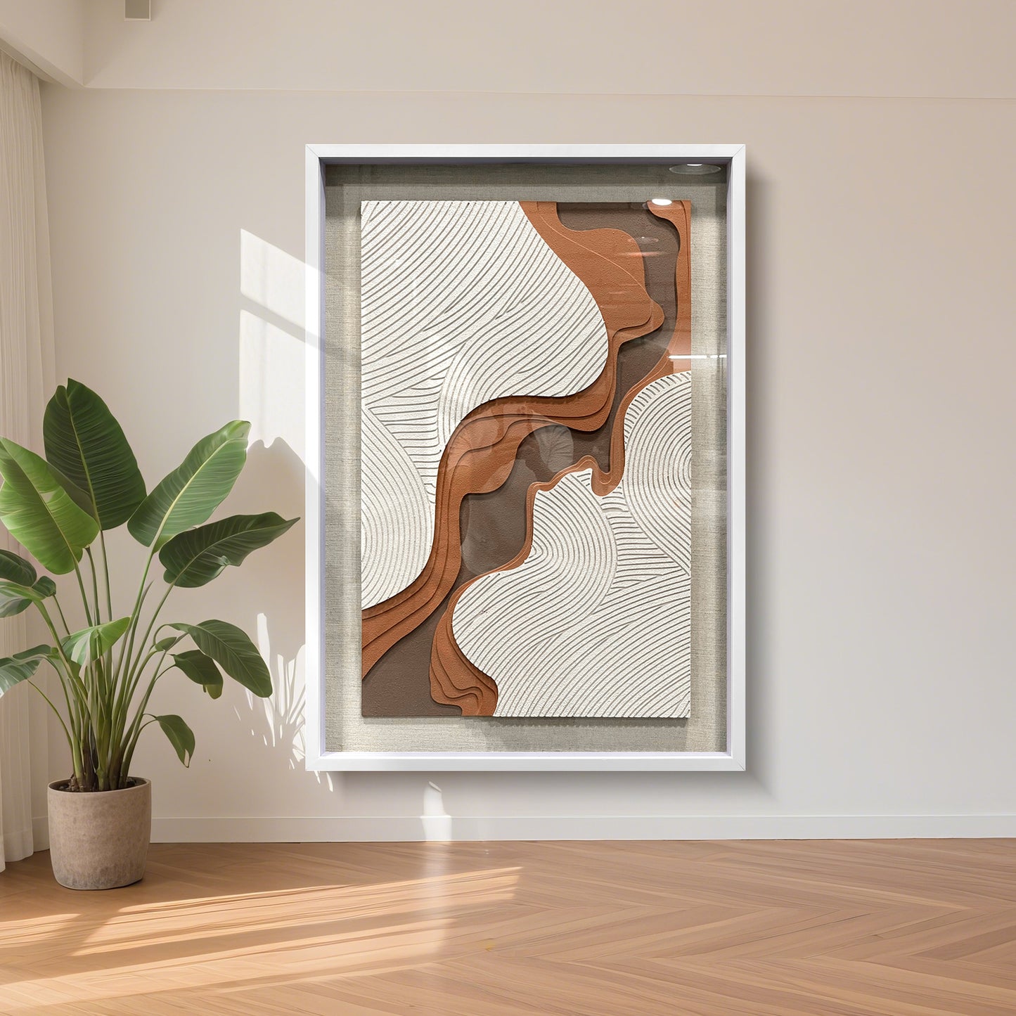 Creative hand-carved decorative artwork interwoven with brown and white lines, accented by a solid wood frame, delivering an elegant artistic touch.