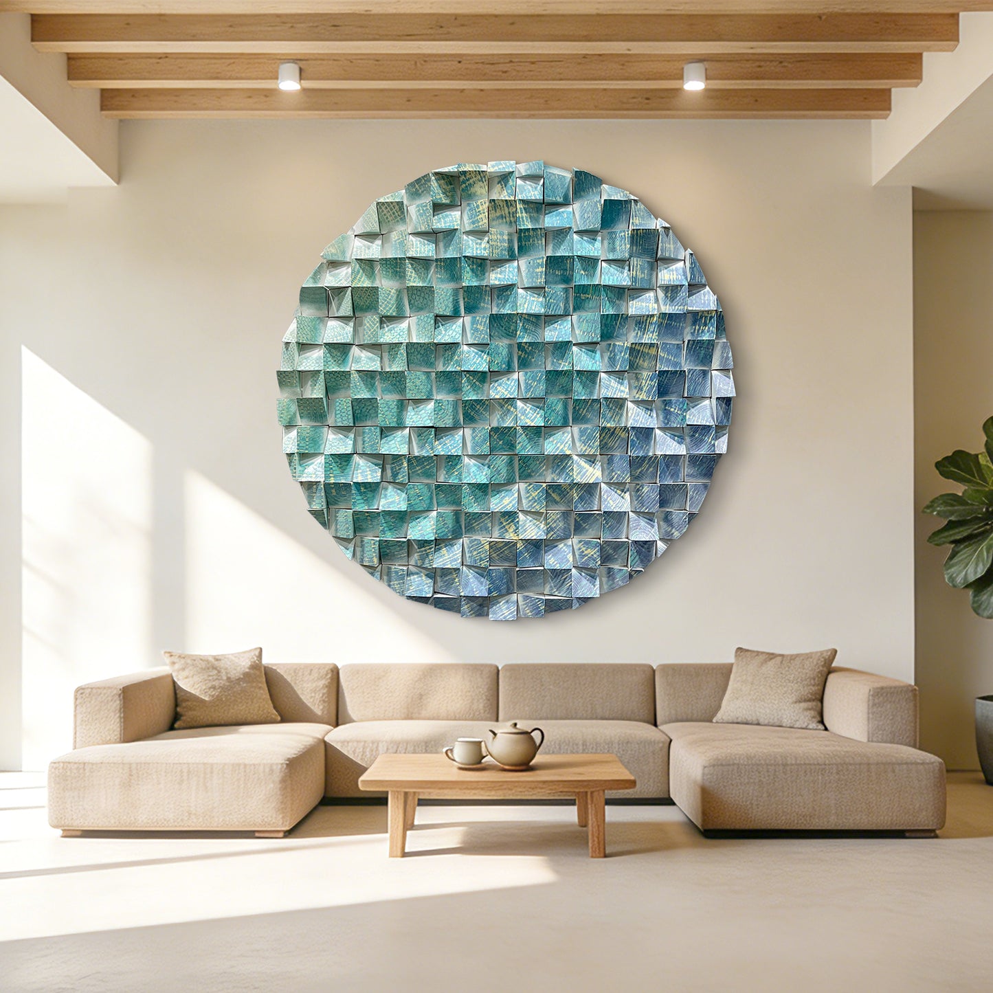 Large triangular wooden block wall art with blue-green-gold pattern, eye-catching modern decor for living room.