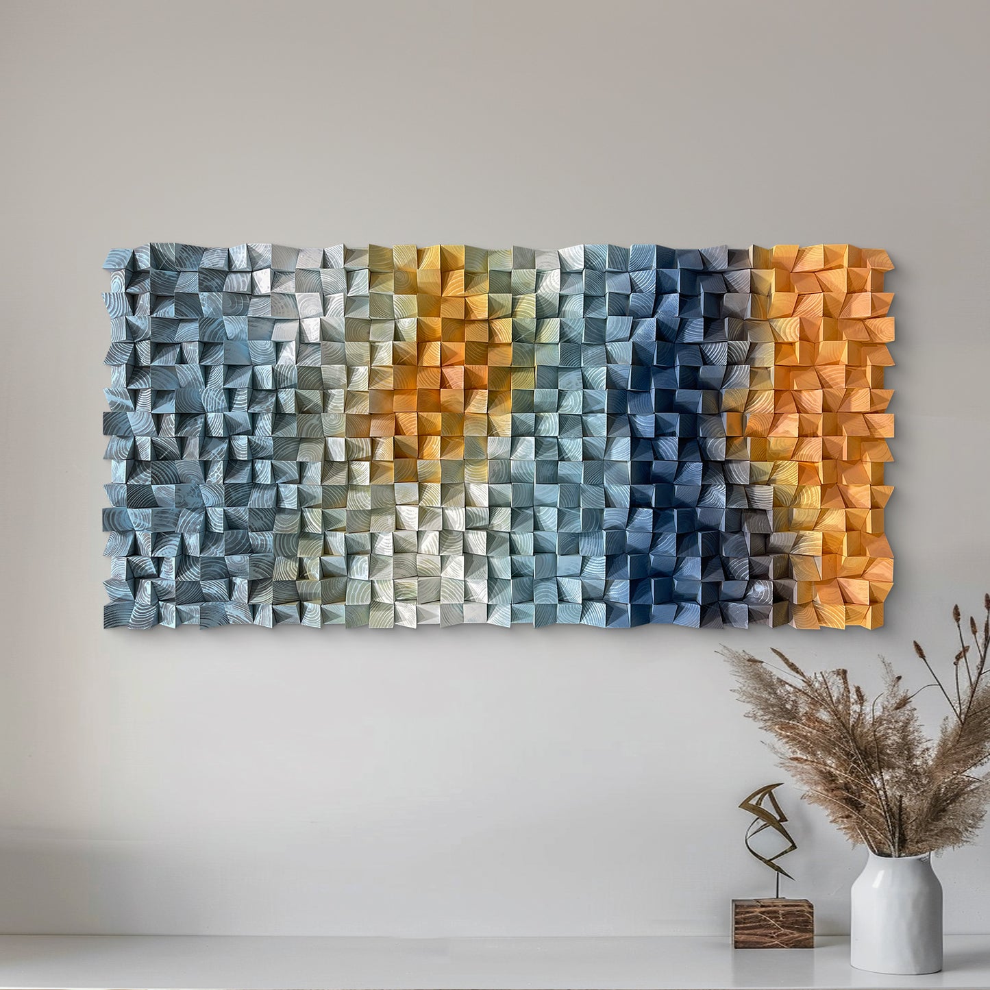 Large 3D natural wood wall decor with original triangular design.