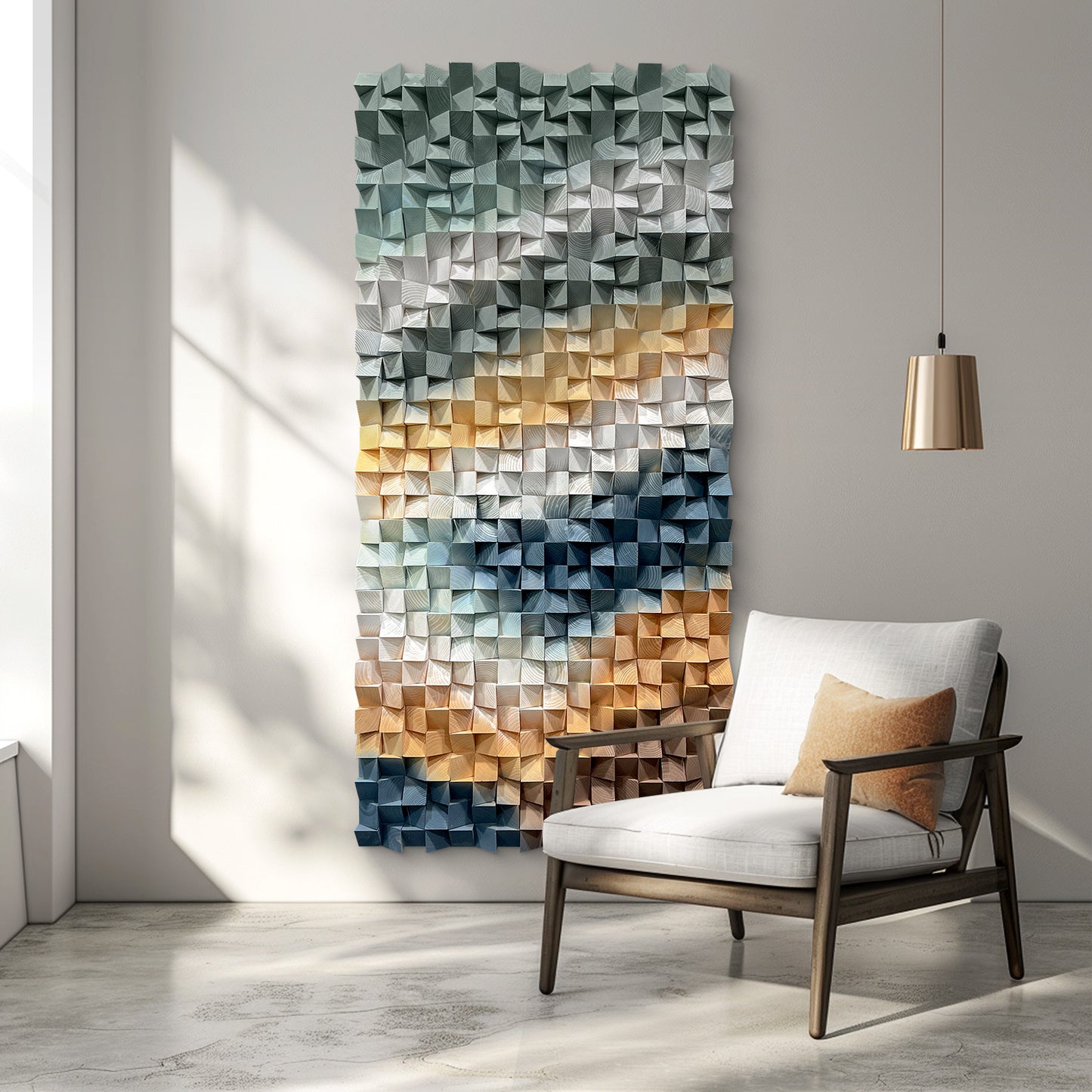 3D gradient wooden mosaic wall artwork, crafted from natural wood with gradual color transitions, full of artistic stereoscopic sense.