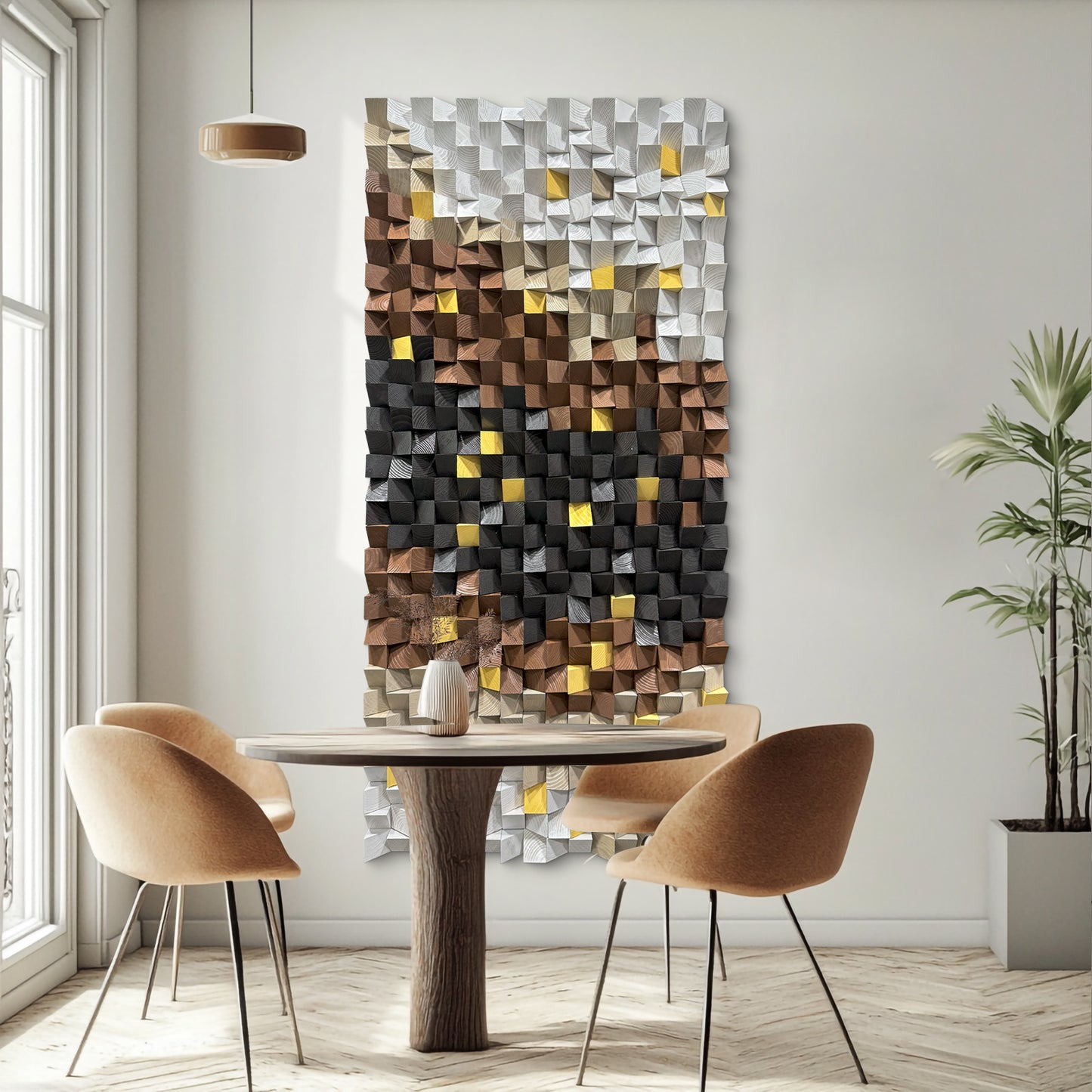 Black & White Textured Wood Wall Art, Grey Mosaic Design, Large-Scale Decorative Artwork