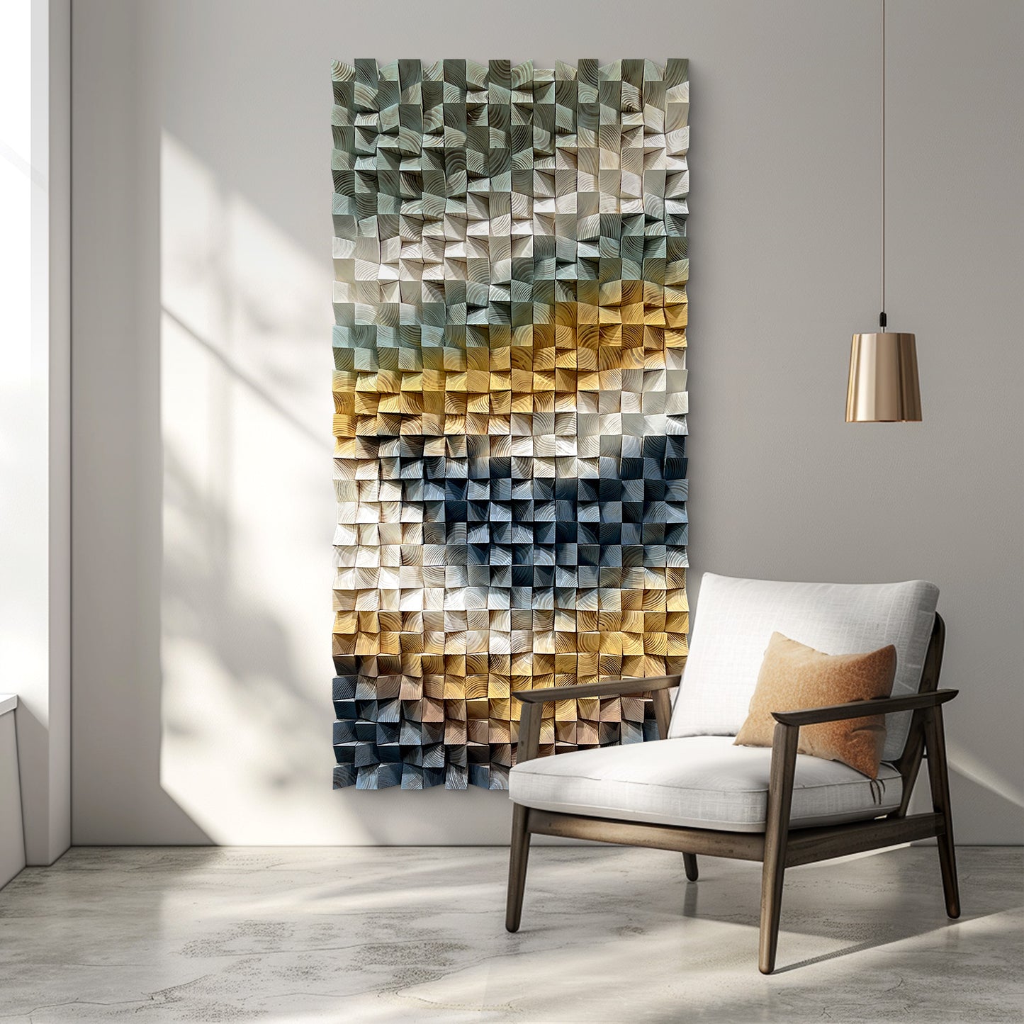 Unique triangular wooden wall art, crafted from natural wood to outline dynamic geometric lines, embodying stylish artistic aesthetics.