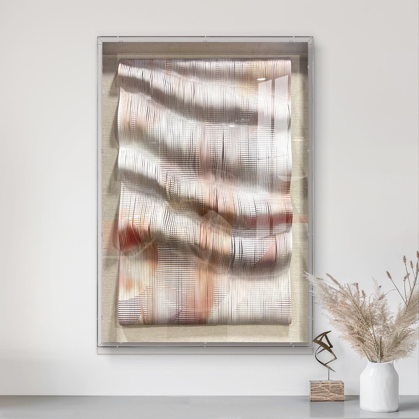 Handcrafted 3D paper artwork, modern textured wall art with delicate three-dimensional design.