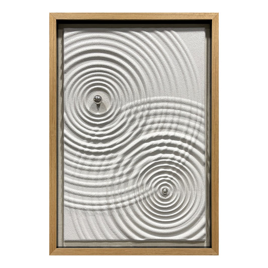 Minimalist Zen Ripple Carved Wood Panel with Silver Orb