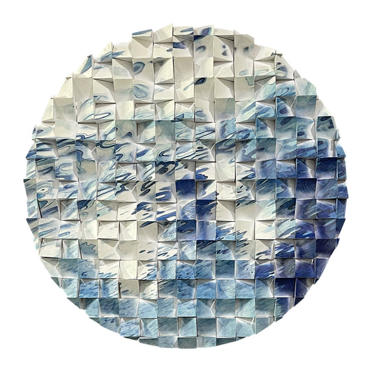 Abstract flow round wood wall art with white & blue river line pattern, modern circular decor for living room and office.