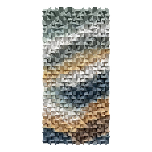 3D gradient wooden mosaic wall artwork, crafted from natural wood with gradual color transitions, full of artistic stereoscopic sense.