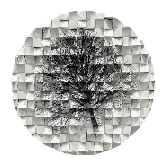 Modern circle wall decor with black-and-white tree art, handmade solid wood hanging for home and office.