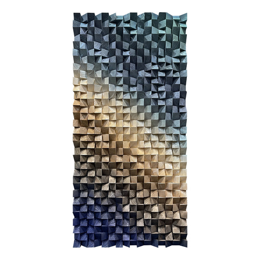 3D wood wall decor featuring triangular wooden blocks, highlighting natural wood grain and rich three-dimensional structure.