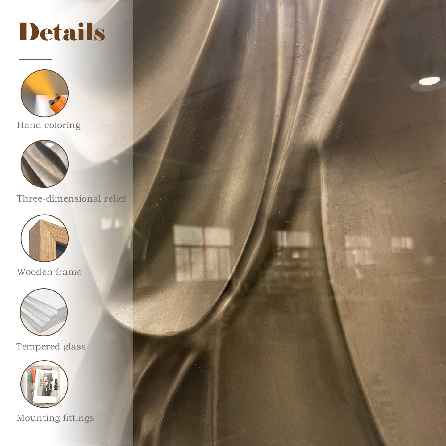 Luxury Corporate Wall Sculpture, Flowing Bronze Wood Carving with Tempered Glass
