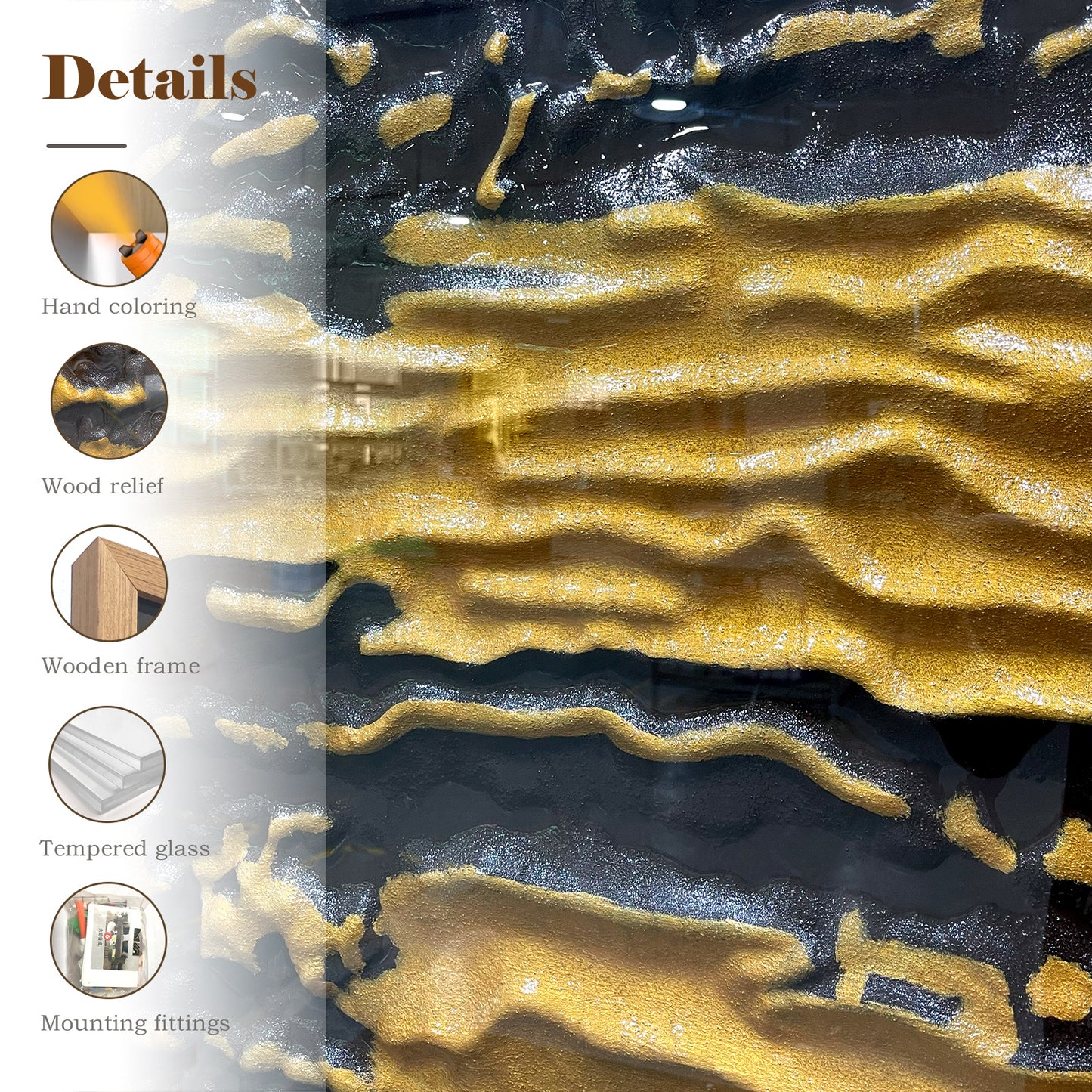 High End Hotel Wall Art, Abstract Black and Gold Wood Carving with Tempered Glass