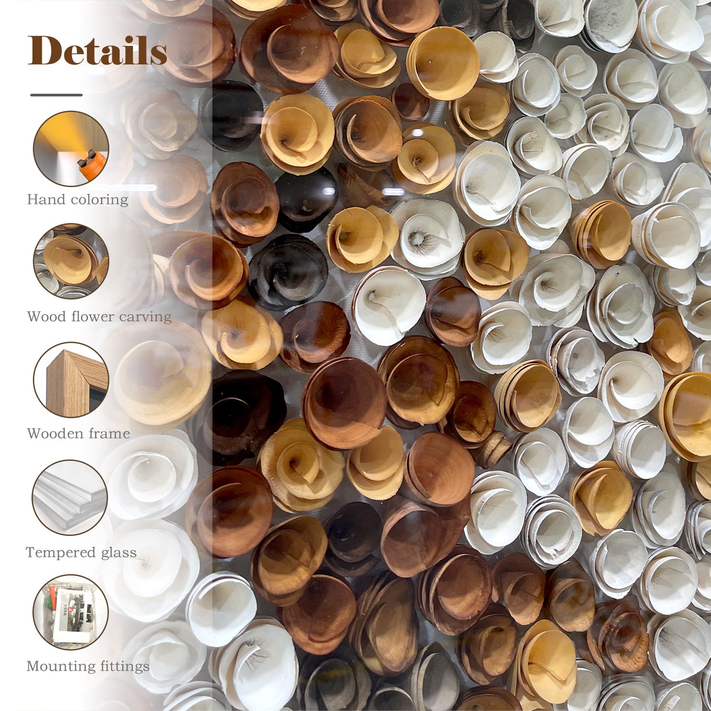Modern abstract decorative paintings paired with round wooden flowers create a distinctive artistic style.
