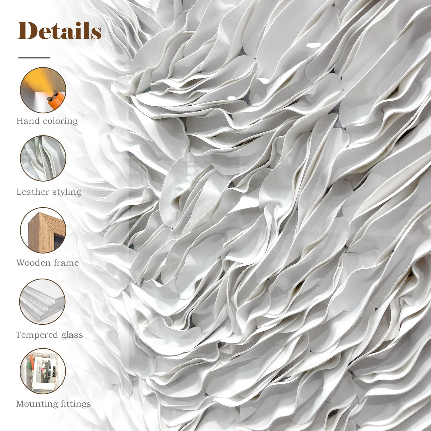 Handcrafted 3D leather wall art, featuring distinctive three-dimensional texture and sophisticated artistic detailing.