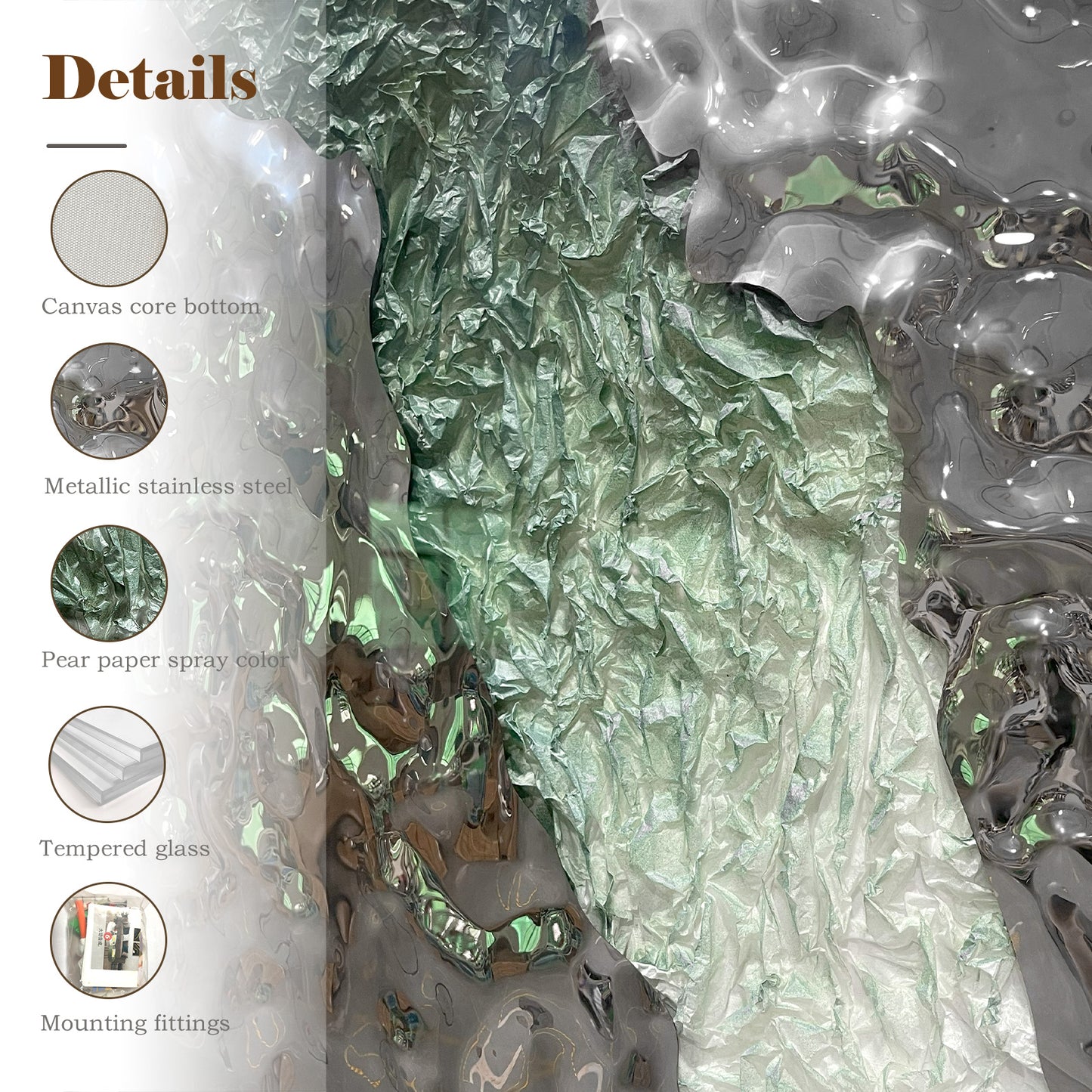 Green and Silver Crushed Metal Art, Abstract Paper Relief in Solid Wood Frame