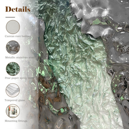 Green and Silver Crushed Metal Art, Abstract Paper Relief in Solid Wood Frame