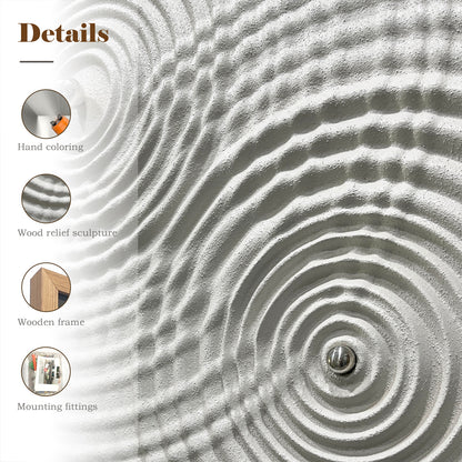 Minimalist Zen Ripple Carved Wood Panel with Silver Orb