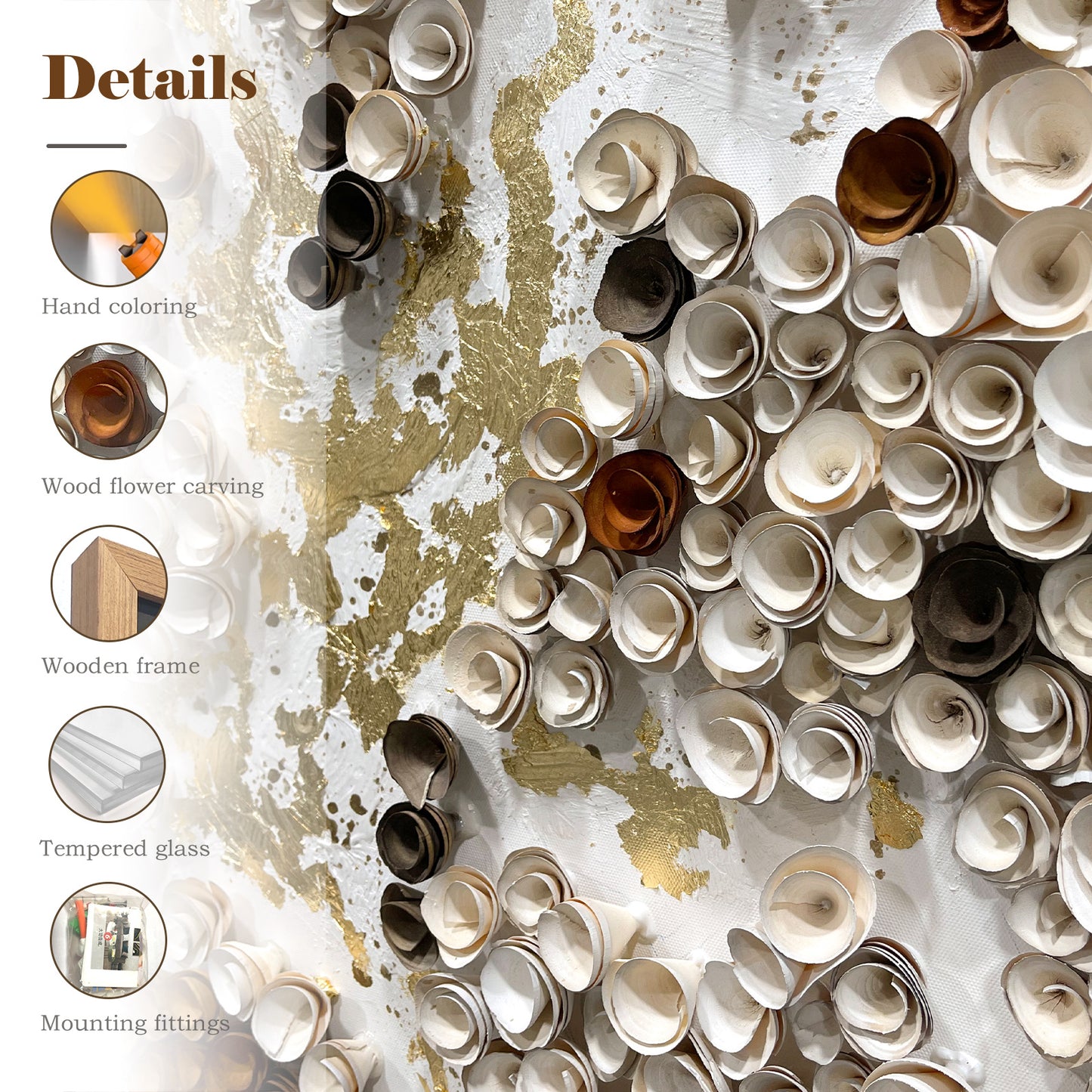 Decorative elements of contemporary art gallery, handcrafted wooden flowers and gold foil textured wall panels