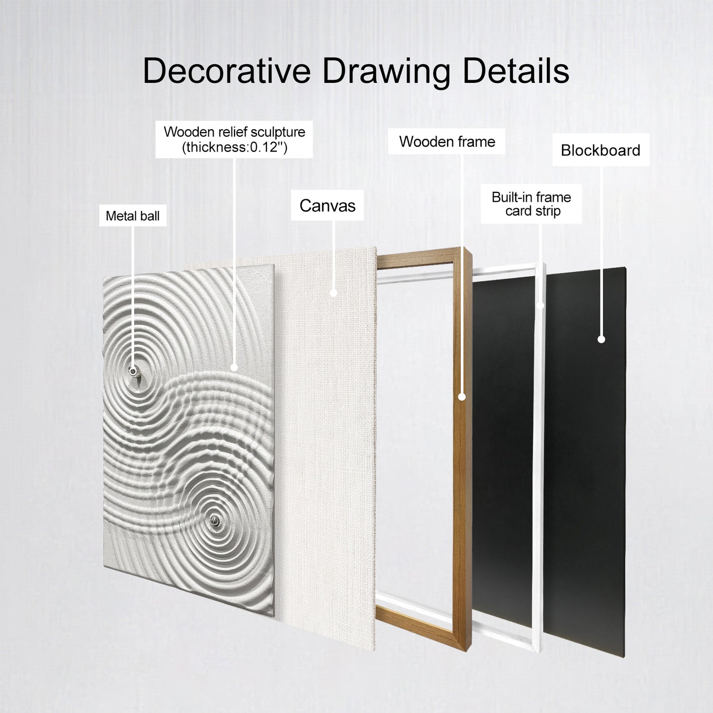 Minimalist Zen Ripple Carved Wood Panel with Silver Orb