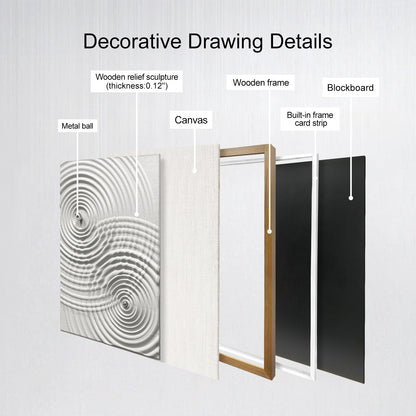Minimalist Zen Ripple Carved Wood Panel with Silver Orb