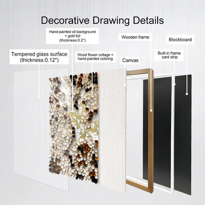 Decorative elements of contemporary art gallery, handcrafted wooden flowers and gold foil textured wall panels