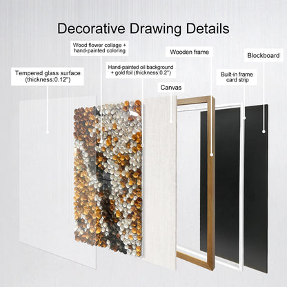 Modern abstract decorative paintings paired with round wooden flowers create a distinctive artistic style.