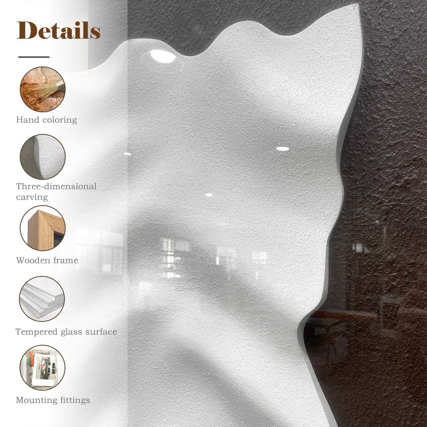 Minimalist 3D Sandstone Wall Sculpture – White Wave on Dark Rough Backing