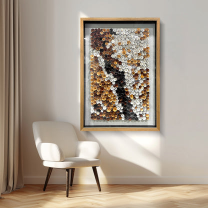 Modern abstract decorative paintings paired with round wooden flowers create a distinctive artistic style.