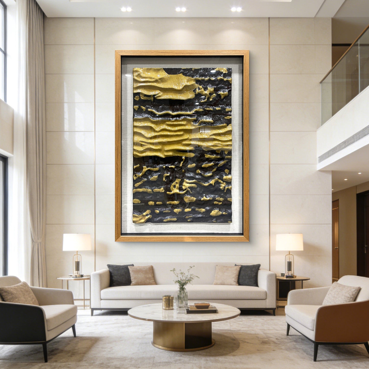 High End Hotel Wall Art, Abstract Black and Gold Wood Carving with Tempered Glass