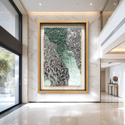 Green and Silver Crushed Metal Art, Abstract Paper Relief in Solid Wood Frame