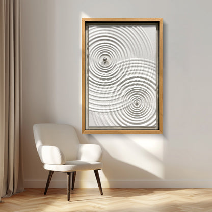 Minimalist Zen Ripple Carved Wood Panel with Silver Orb