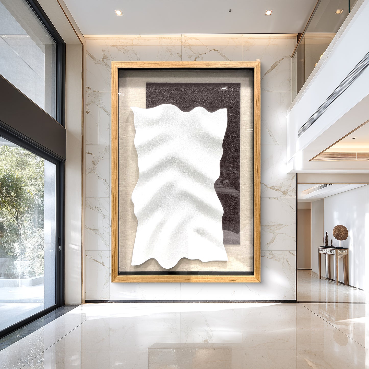 Minimalist 3D Sandstone Wall Sculpture – White Wave on Dark Rough Backing