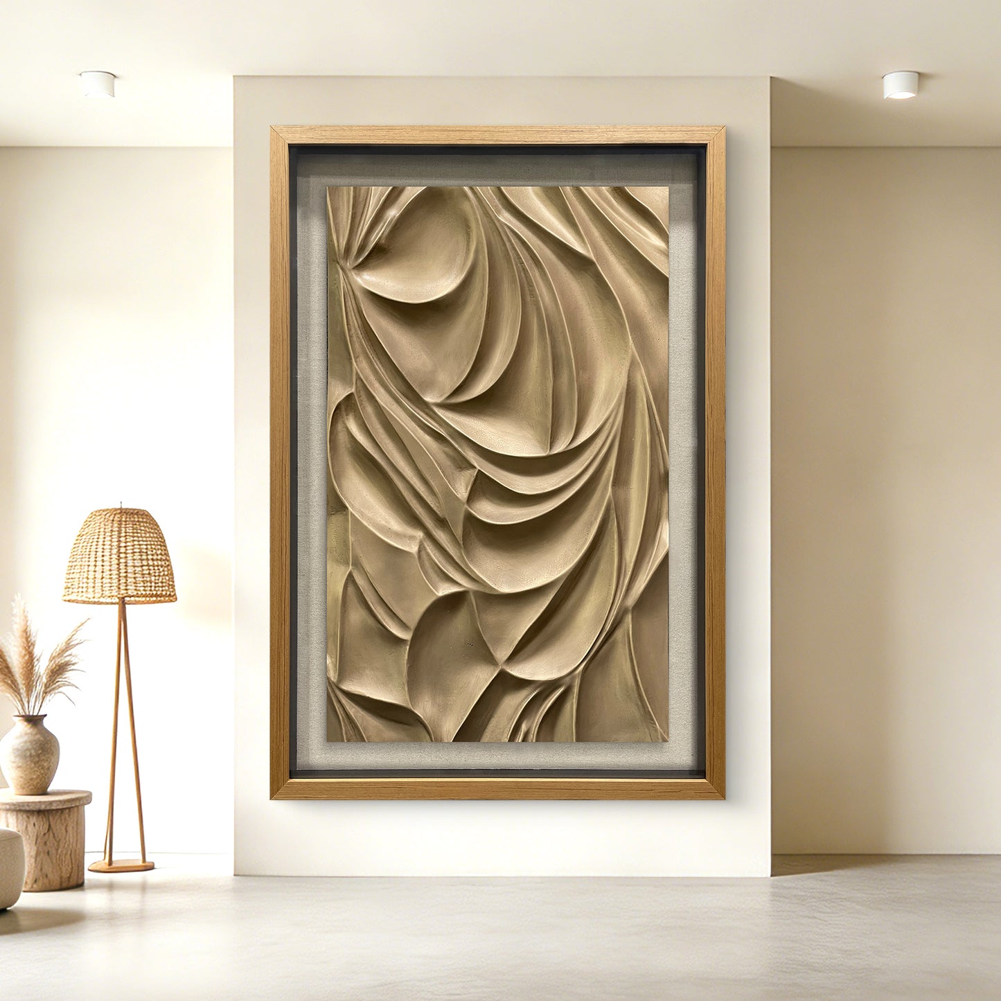 Luxury Corporate Wall Sculpture, Flowing Bronze Wood Carving with Tempered Glass