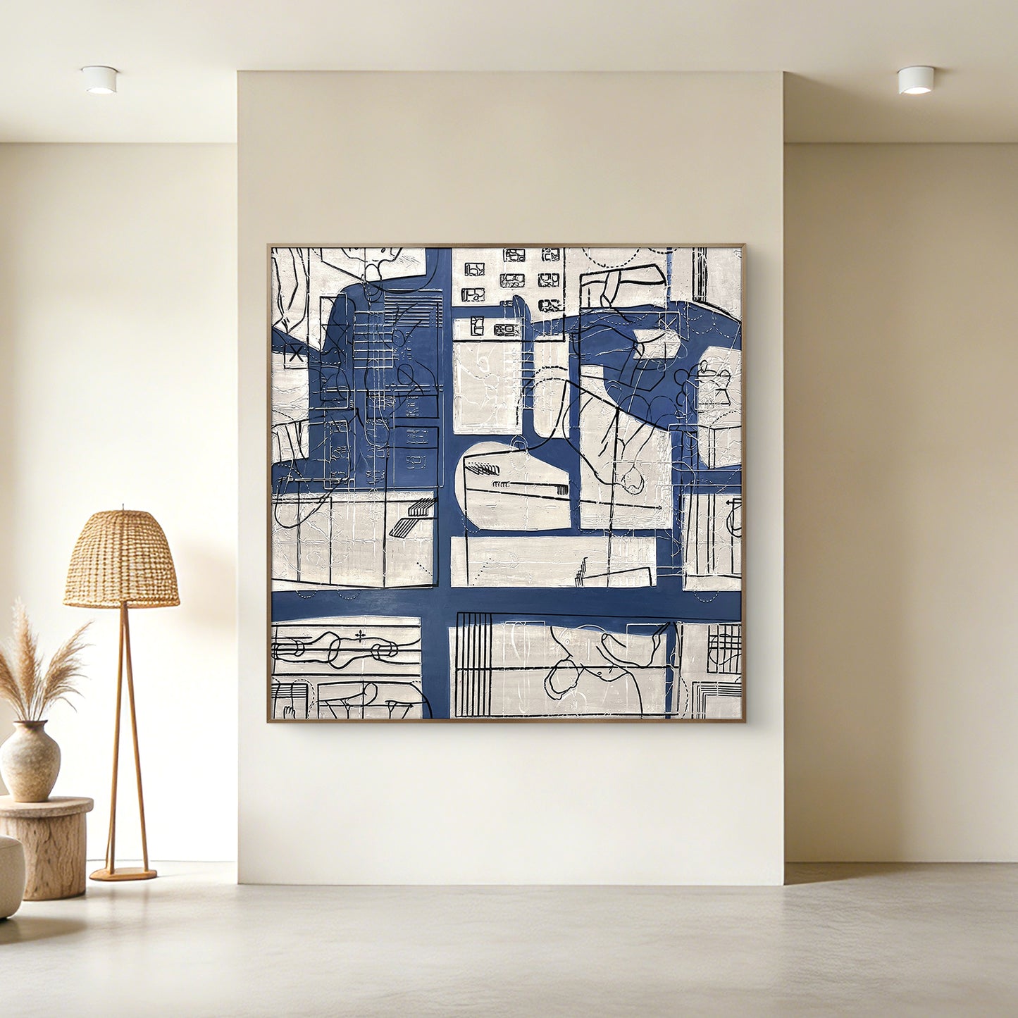 Abstract Line Art Wall Decor with Blue and Neutral Tones