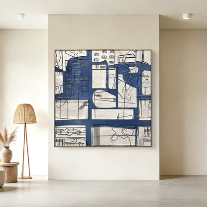Abstract Line Art Wall Decor with Blue and Neutral Tones