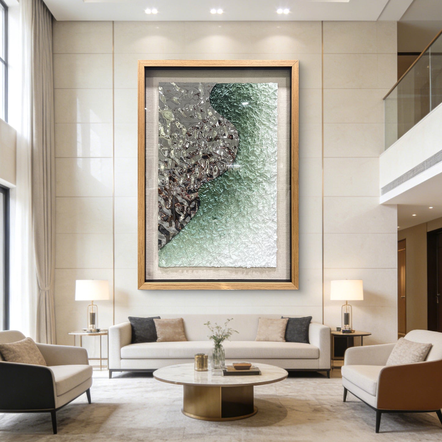 Luxury Corporate Wall Sculpture, Silver Metallic Foil and Green Paper Relief