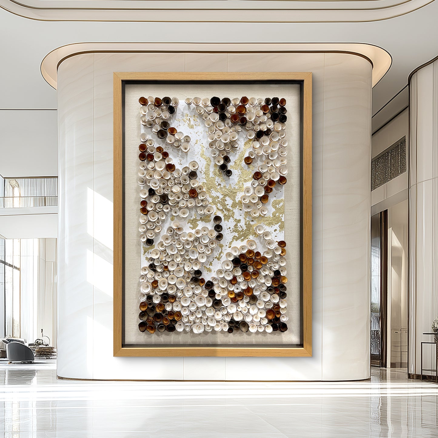 Decorative elements of contemporary art gallery, handcrafted wooden flowers and gold foil textured wall panels