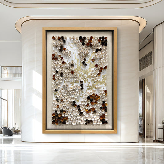 Decorative elements of contemporary art gallery, handcrafted wooden flowers and gold foil textured wall panels