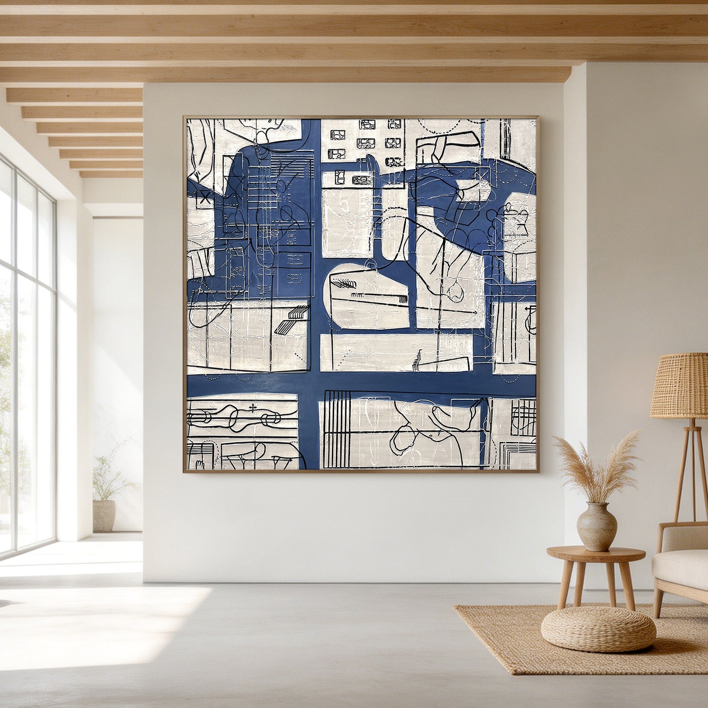 Abstract Line Art Wall Decor with Blue and Neutral Tones