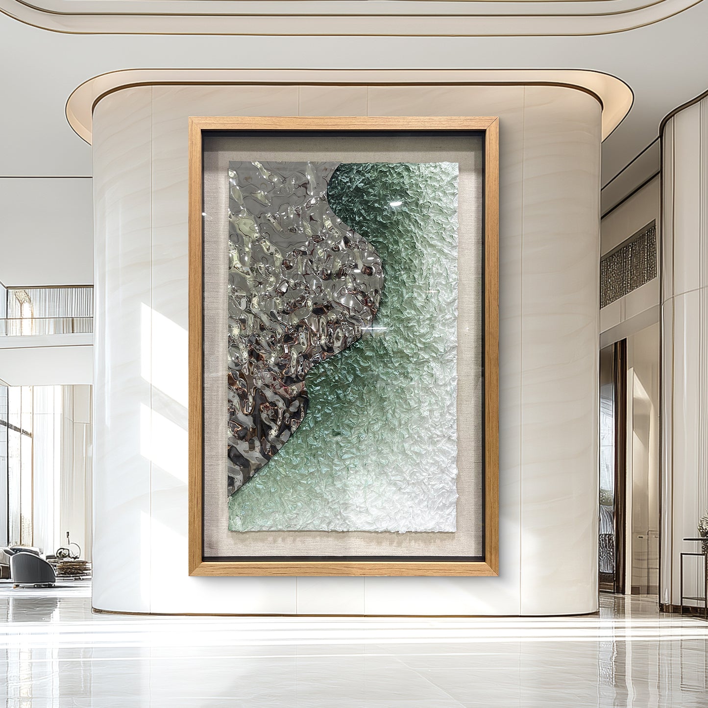 Luxury Corporate Wall Sculpture, Silver Metallic Foil and Green Paper Relief