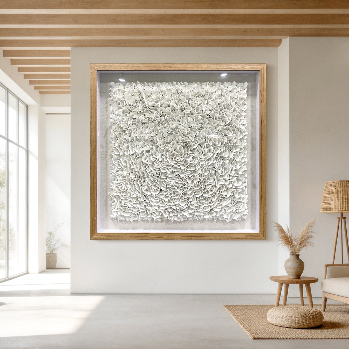 Pure White Textured Wall Art, 3D Faux Leather Sculpture for Commercial Spaces
