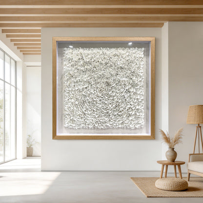 Pure White Textured Wall Art, 3D Faux Leather Sculpture for Commercial Spaces