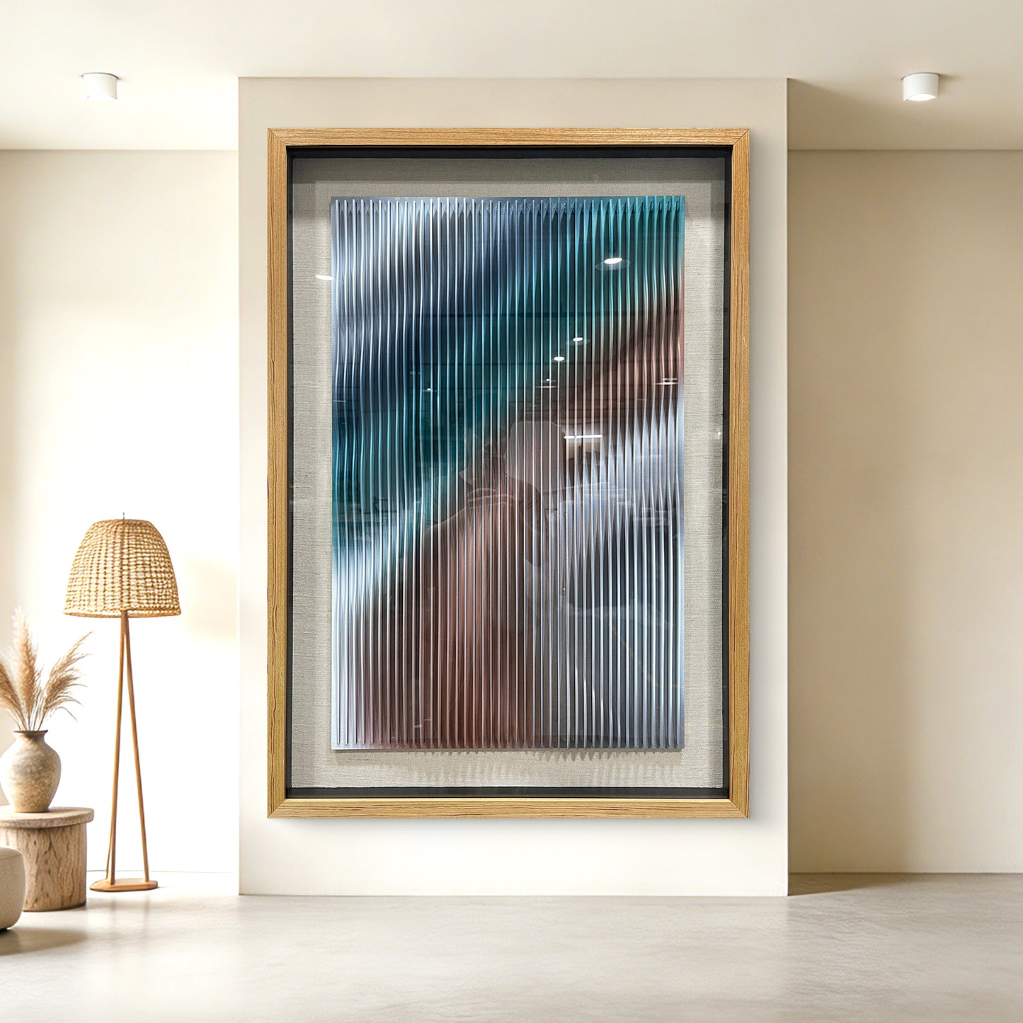 Contemporary Art Gallery Decor, 3D Vertical Wave Wood Sculpture with Color Gradient