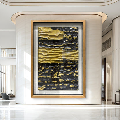 High End Hotel Wall Art, Abstract Black and Gold Wood Carving with Tempered Glass