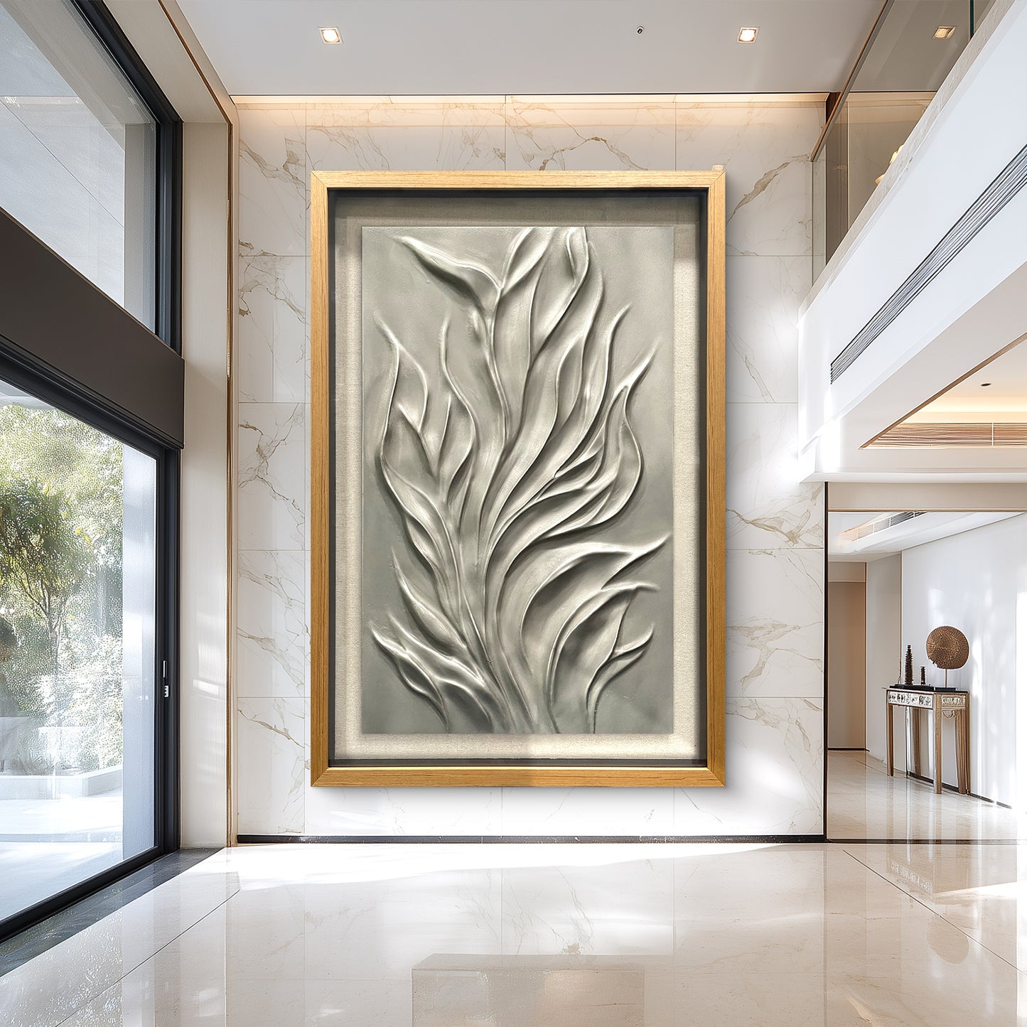 Minimalist Silver Flowing Sculpture, Wood Carving for Luxury Villa Interiors