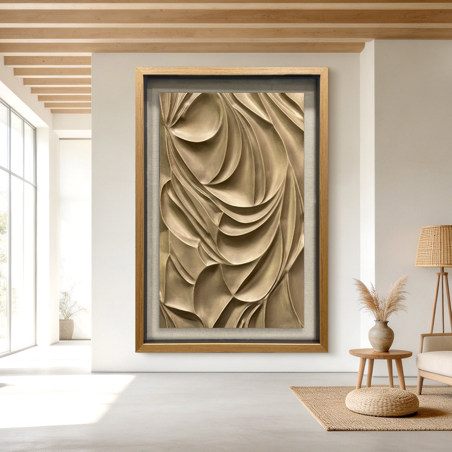 Luxury Corporate Wall Sculpture, Flowing Bronze Wood Carving with Tempered Glass
