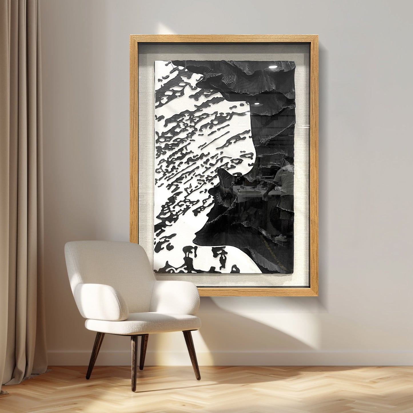 Modern Corporate Lobby Art, 3D Black and White Organic Sculpture with Tempered Glass