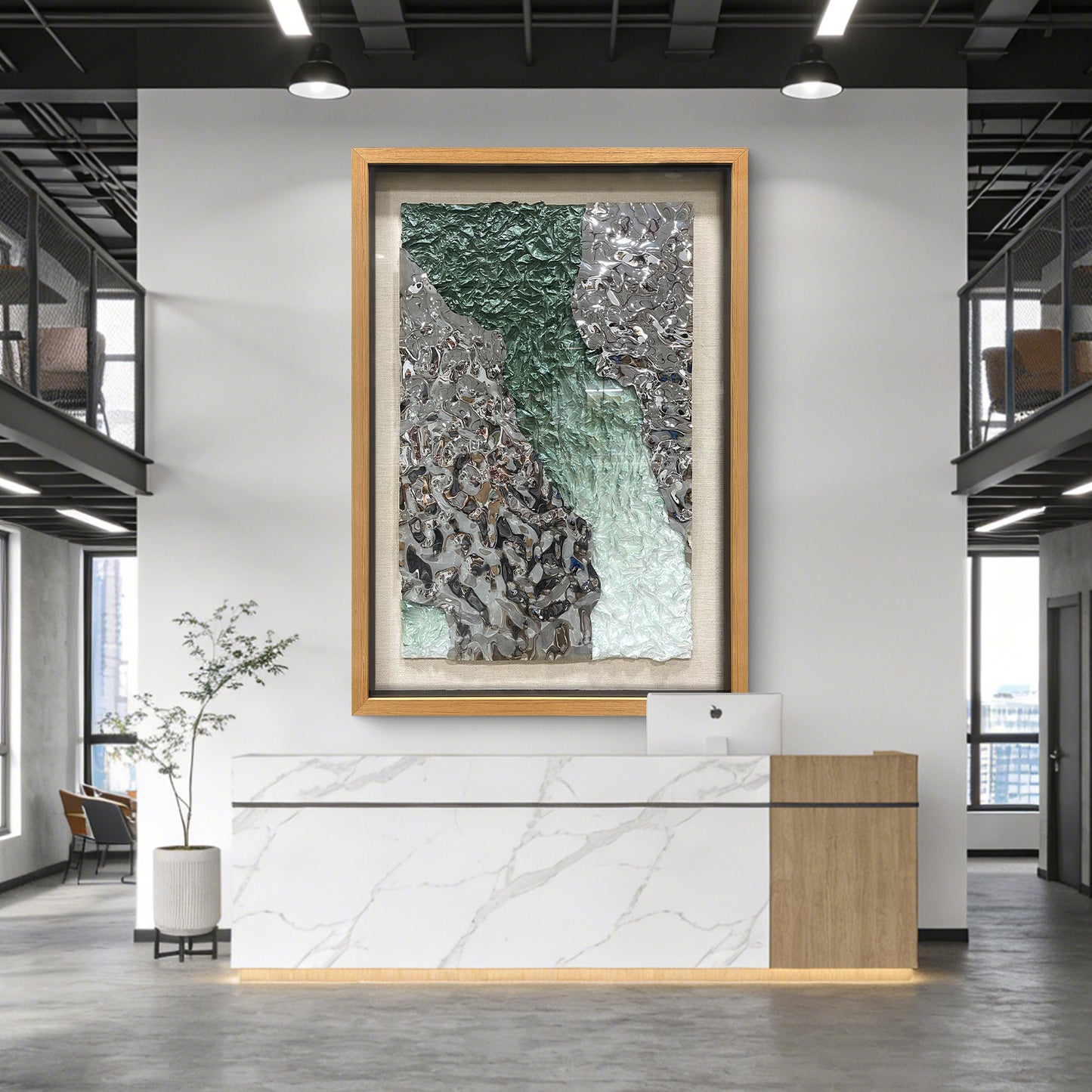 Green and Silver Crushed Metal Art, Abstract Paper Relief in Solid Wood Frame